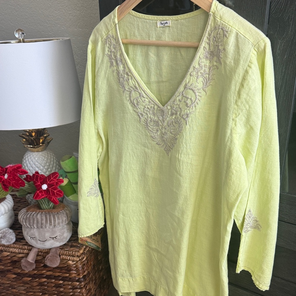 Sag Harbor Lime Embroidered V-Neck Tunic Top